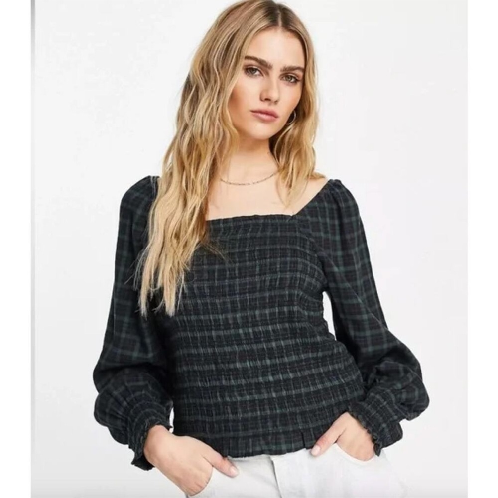 Madewell Lucie Smocked green plaid Women's Top